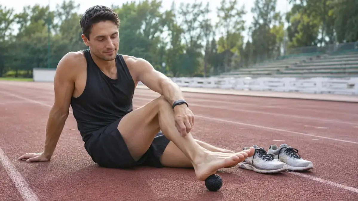 Runner sitting on a track rolling the sole of their foot on a lacrosse ball