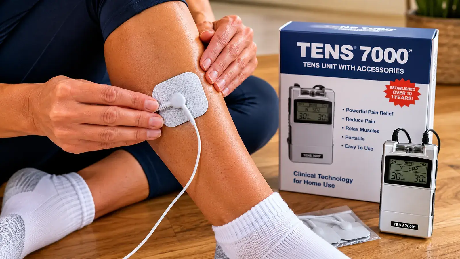 Close-up of hands attaching a TENS unit electrode pad to a sore calf muscle after a run