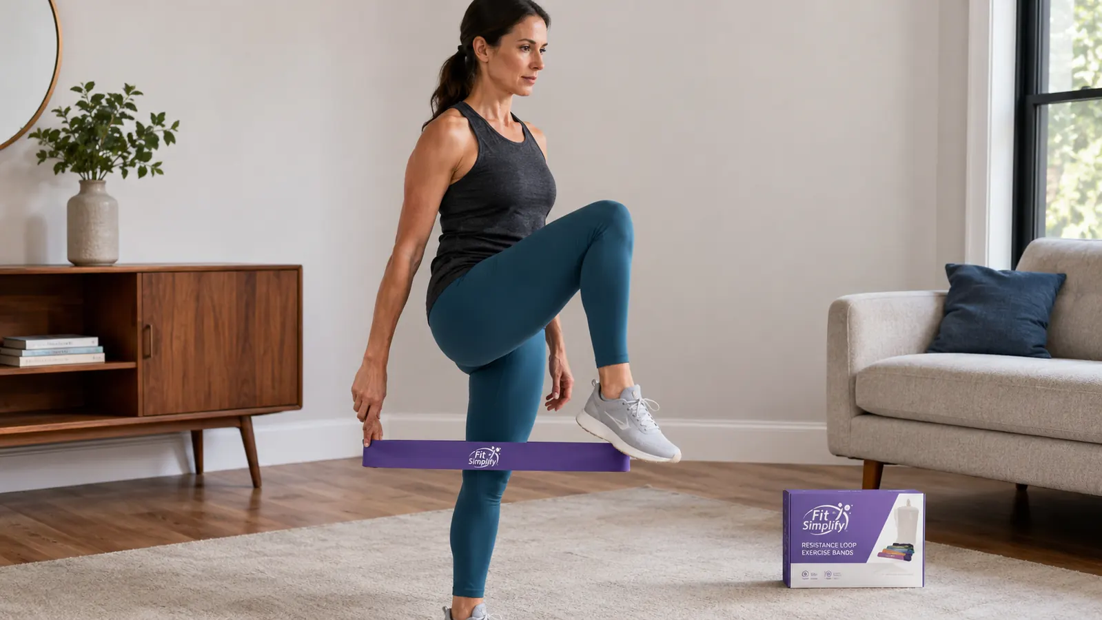 Close-up of a resistance band looped around a person's ankle during a standing hip flexor stretch