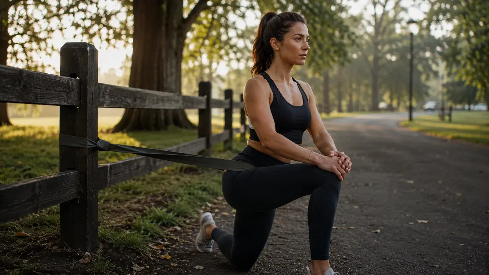 Runner stretching hips against a park fence using a resistance band before a morning run