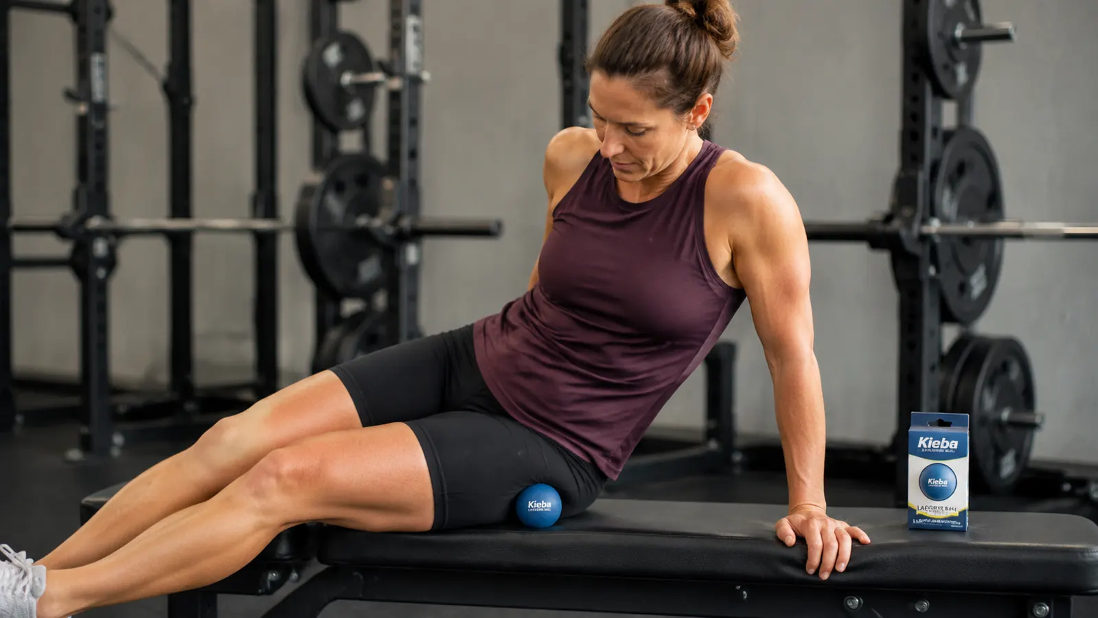 Person pressing a lacrosse ball into their glute while seated on the edge of a weight bench