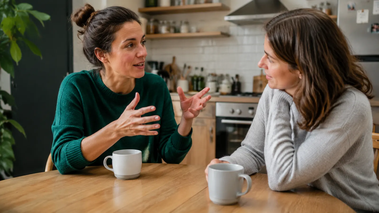 Woman and coach talking at a kitchen table, coffee cups between them, relaxed and honest conversation