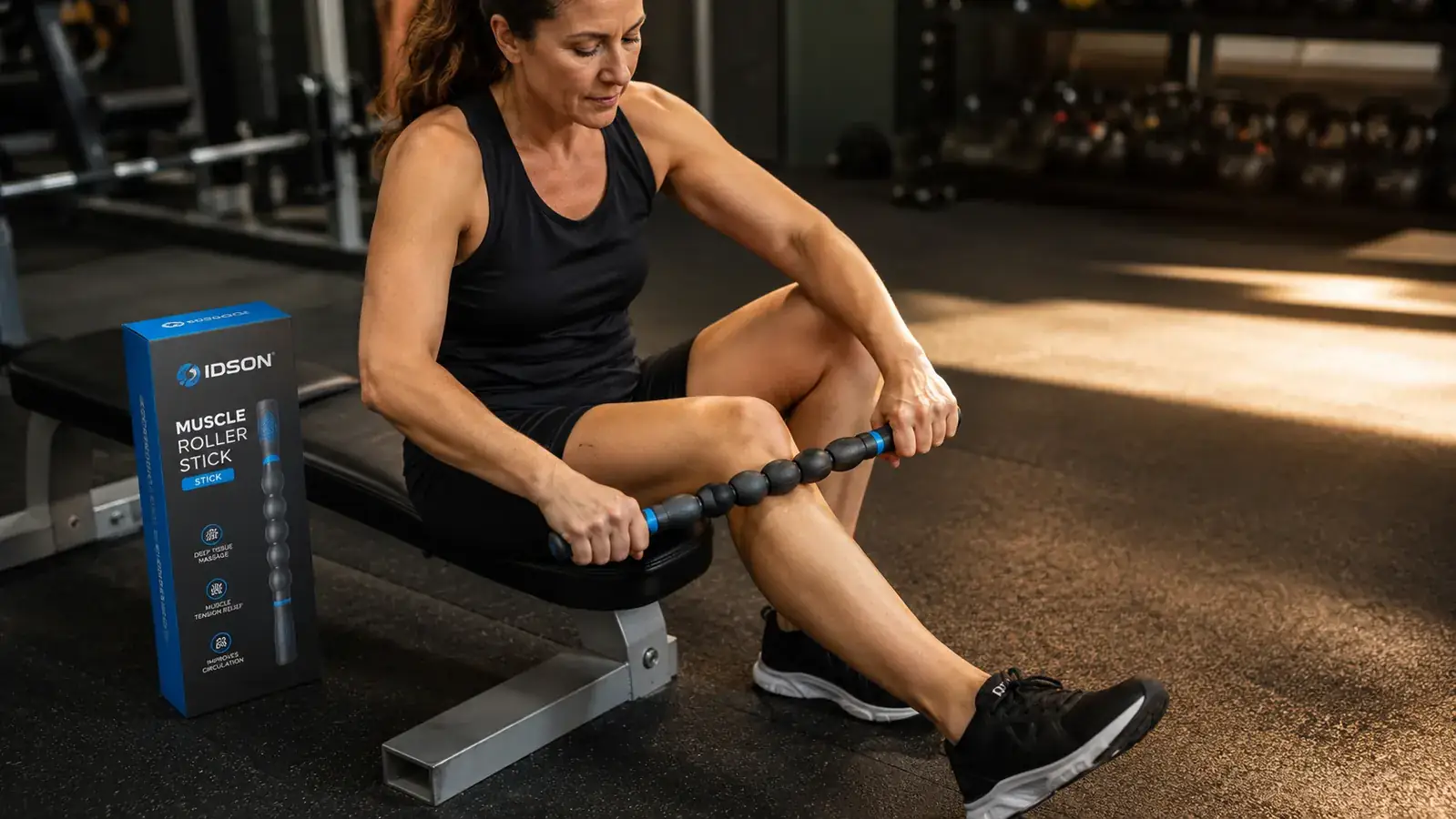 Close-up of hands using a muscle roller stick on a calf muscle while seated on a bench