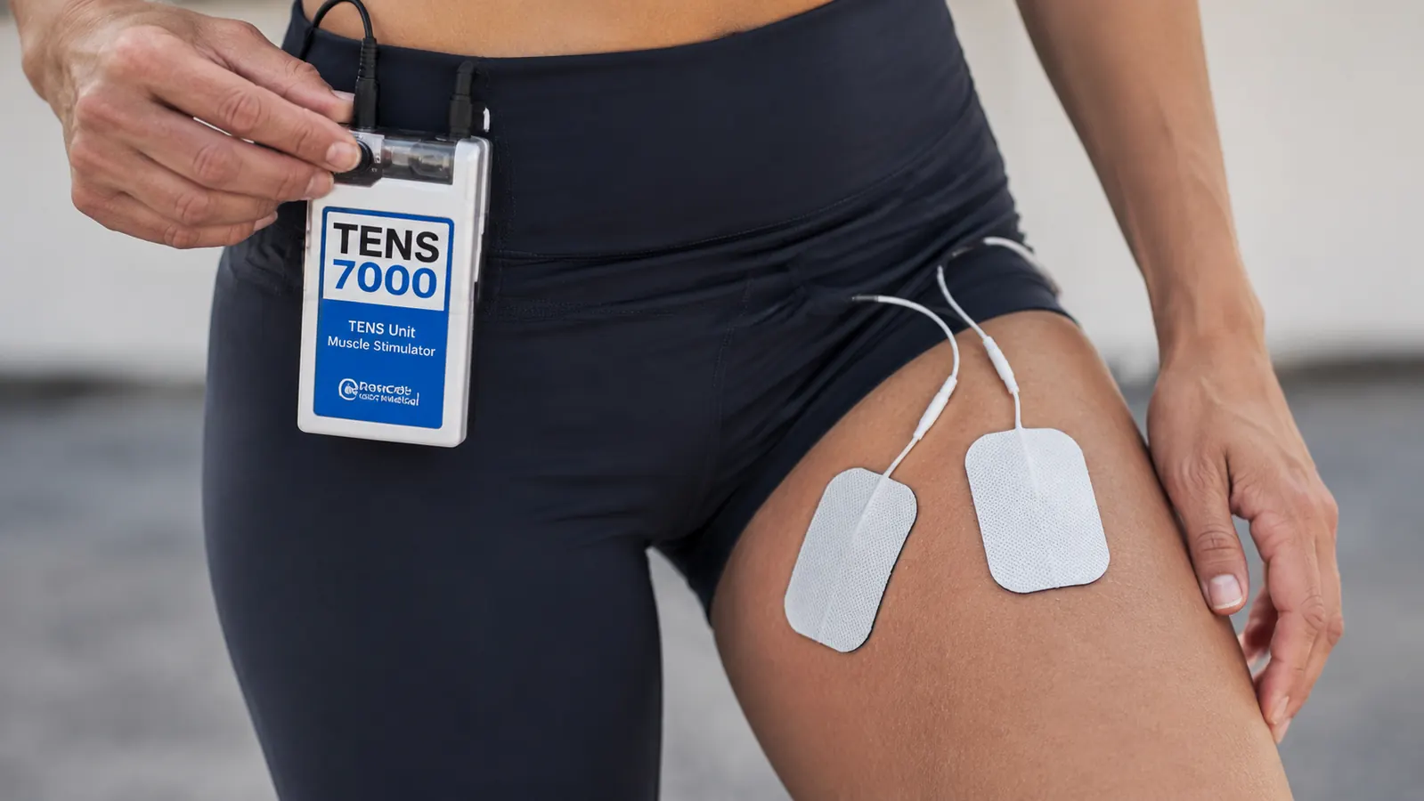 Close-up of TENS 7000 unit with electrode pads attached to a person's thigh, intensity dial visible